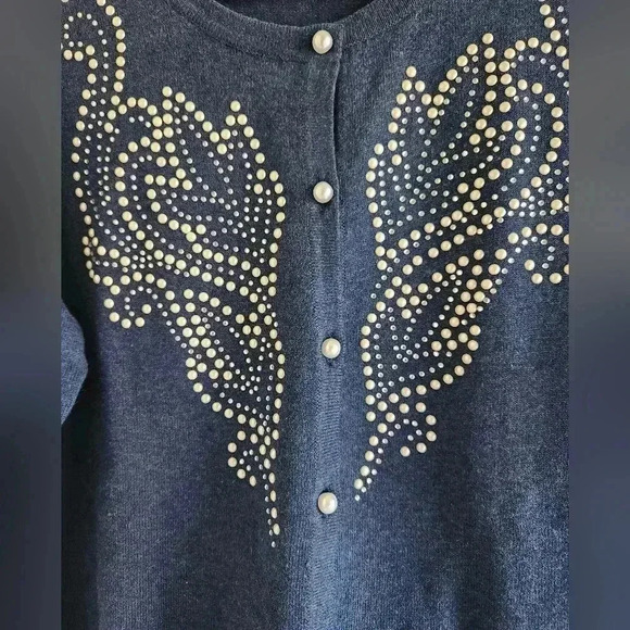 Bob Mackie Navy Blue Holiday Cardigan Sweater Pearl Embellished Size Small - Picture 4 of 10